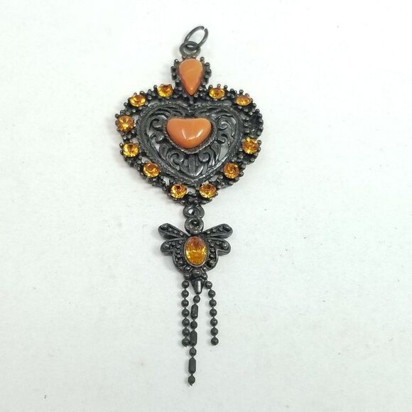 Vintage Orange Rhinestone Heart Shape Pendant, Dangle, Retro Design, Unique - Picture 1 of 5